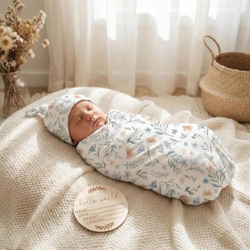 Image of Newborn Receiving Nursery Flower Blanket Baby Swaddle Wrap with Hat Set