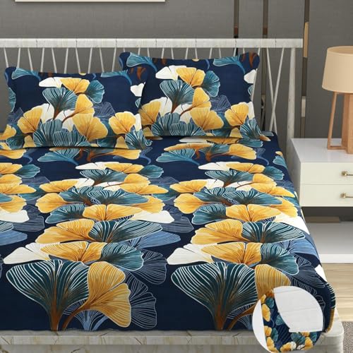 Image of Jashan Elastic Fitted Bedsheet with 2 Pillow Covers for Double Bed King Size - Cotton - Teal - 72 inch x 78 inch + 8 inch
