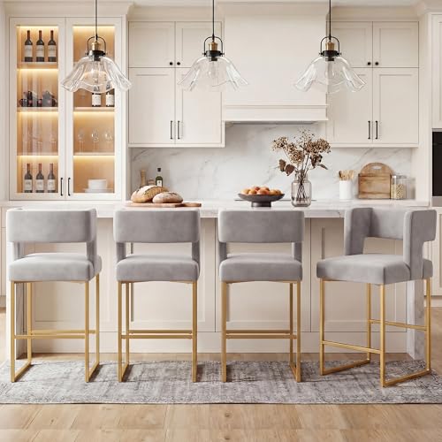 Image of Counter Height Bar Stools Set of 4, Grey Velvet Bar Chair Gold Leg | 26 inch Seat Height Fits Standard Kitchen Islands, Upholstered Barstools, Back Support, Square Metal Legs, Footrest