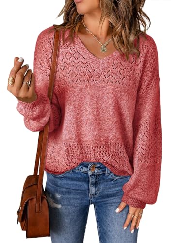 Image of SHEWIN Women's Sweaters Casual Long Sleeve V Neck Crewneck Lightweight Crochet Pullover Sweater Tops