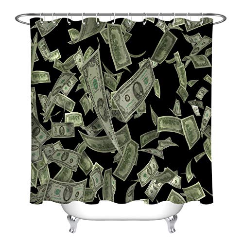 LB Money Rain Shower Curtain, Funny Motivational Falling Bill Cash Dollars Curtain