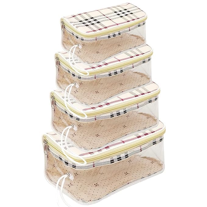 Epics Multipurpose Transparent Travel Cosmetic Pouch for Women – Makeup Toiletry Organizer Bag with Checkered Design (White, Set of 4)-picture-52