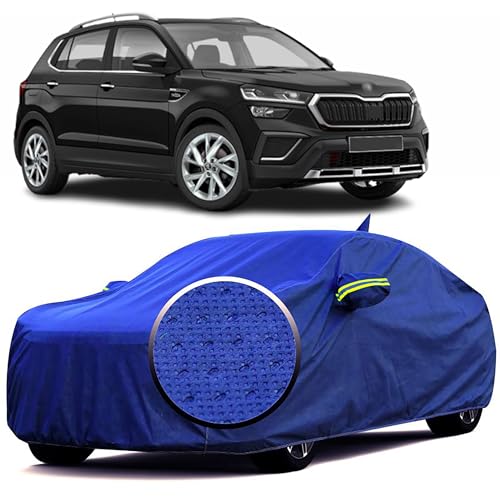 Image of 100% Waterproof 'BlueMax' Car Body Cover for Skoda Kushaq with Mirror Pocket, Heat & UV Protection, Triple Stitched, Soft Lining, Full Bottom Elastic & Reflective Radium (Blue)