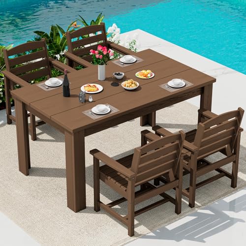 Image of SERWALL 59 inch HDPE Patio Dining Set for 4, w / 1 Table & 4 Armchairs, Brown