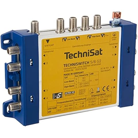 TechniSat TECHNISWITCH 5/8 G2 - Multischalter (Verteiler für Satellitensignale, für bis zu 8 Teilnehmer, 100m Entfernung überbrückbar, incl. Netzeil - mit und ohne Netzteil nutzbar) blau/gelb thumbnail
