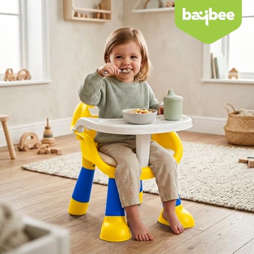 Image of Baybee Booster Seat for Baby | Feeding Chair with Tray | Portable Dining Seat for Toddlers | Baby Feeding Solution for Home & Travel (0-6 Years, Yellow)
