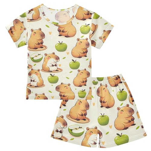 ALAZA Capybara Heart Green Pajamas Short Sleeve 2 Piece Sleepwear Top and Bottom Pajama Set Unisex