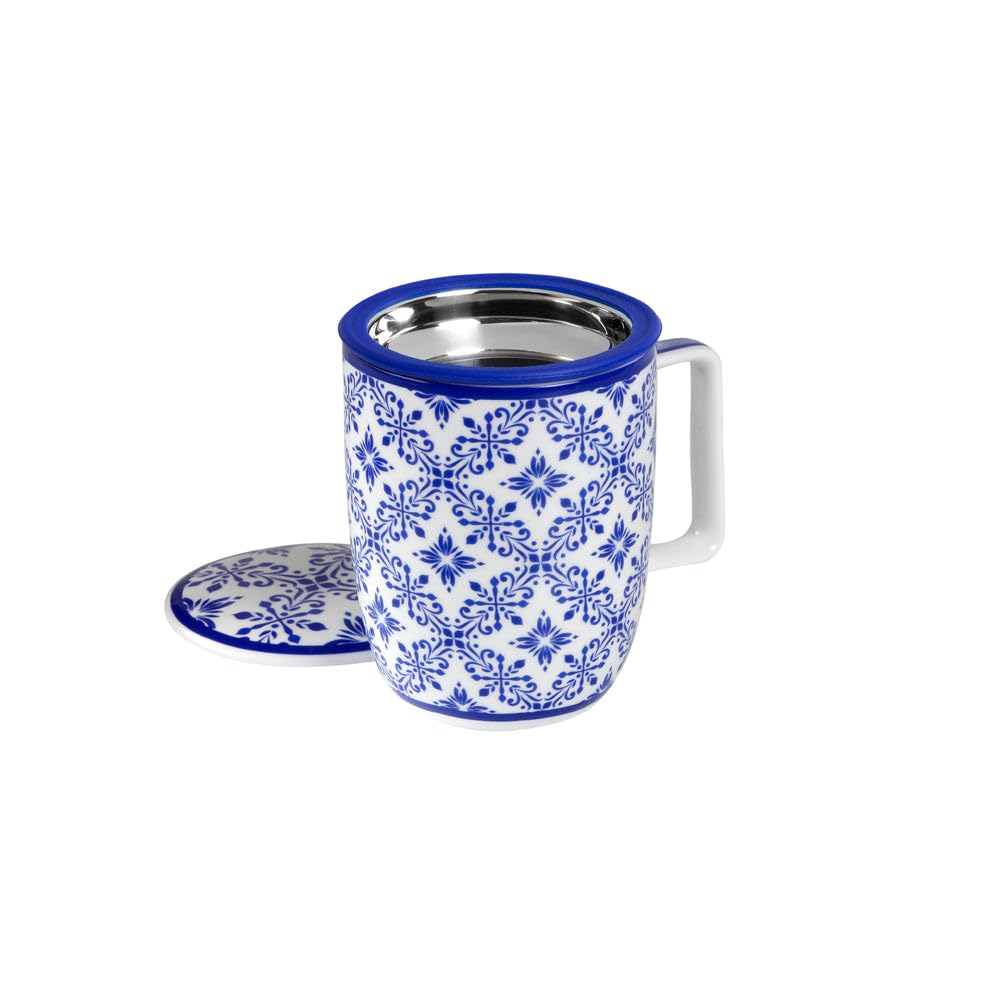 TEA SHOP - Tazza da Tè con filtro e coperchio - Tazza Harmony Azulejo Portoghese - Tazza per Tè e Infusi in Porcellana