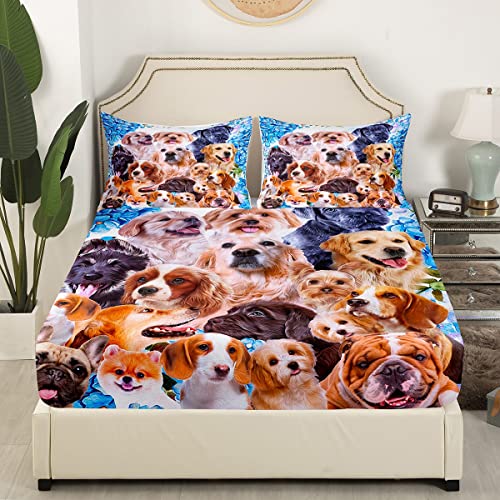 Cute Puppy Dog Bedding Fitted Sheet Cartoon Pet Pug Dog Bulldog Bed Sheet Set Kids Boys Girls Dog Lover Animal Design Bedding Sheets Various Puppy Bed Cover Bedroom Collection 4Pcs Bedding Full #TOP3