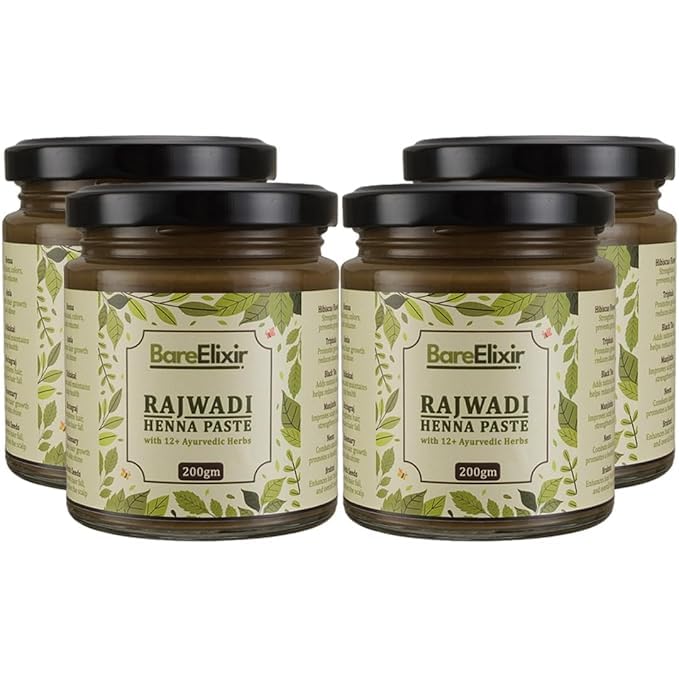 Bare Elixir Henna Paste | Pre-Soaked in Black Tea & 12+ Ayurvedic Herbs | 100% Natural Rajasthani Sojat Henna for Hair | Ready-to-Use, Chemical-Free Henna for Men & Women | Rich Brown Hair Color | Pure Herbal Mehndi for Nourished & Naturally Colored Hair (200gm x 4)-picture-23