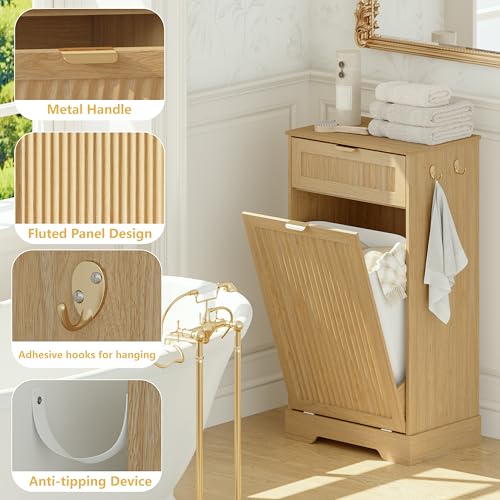 Image of Single 13 Gallon Tilt Out Trash Can Cabinet,Garbage Cabinet with Drawer | Hidden Garbage Storage with Fluted Design, Drawer & Hooks for Kitchen, Dining Room and Small Space Organization,Natural Oak