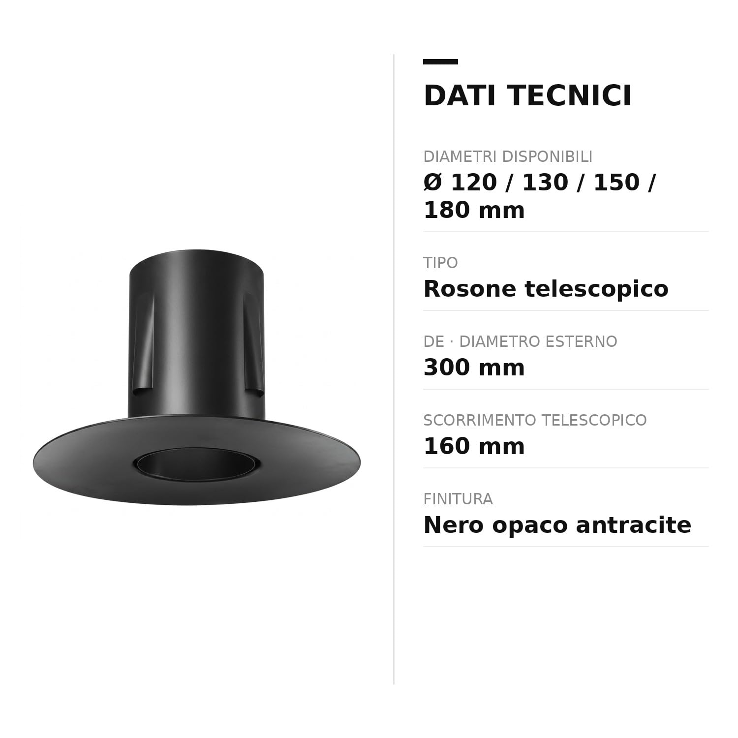 MAKA Rosone Telescopico Canna Fumaria Legna Nero Ø 120 mm