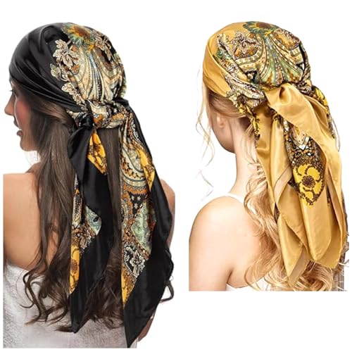 Tapp Collections 2-Pk 35” Silk Like Satin Large Square Head Neck Scarves Hair Sleeping Wraps for Women
