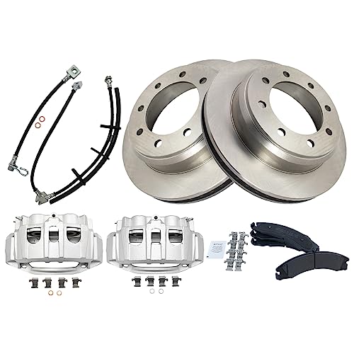 Image of TRQ Rear Brake Pad, Caliper, Hose, & Rotor Kit Semi-Metallic Compatible with 2008-2014 Ford E-150 E-250 2015-2019 E-350 Super Duty