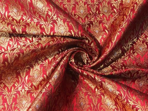 Tissu brocart de soie rouge d'exception tissé de fils d'or et argent pour haute couture