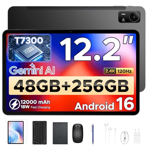 P12 Pro Tablet 12 Pulgadas, Tableta Android 16, 48GB RAM+256GB ROM/2TB TF, T7300 Octa-core, 2.4K 120Hz, 12000mAh/18W, 13MP+8MP, 5G WiFi, 4G LTE, Gemini AI, Face ID, Tablets con Teclado y Lapiz, Negro