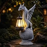 Qeeman Solar Dragon Garden Statue: Weatherproof Resin Figurine with Warm Glow Lantern - Outdoor Decor for Yard Pathway Patio Porch Balcony - Gifts for Mom Grandma Women