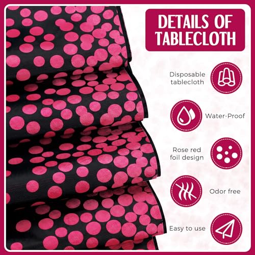 Image of Breling 12 Pack Black and Hot Pink Disposable Plastic Tablecloths and Satin Table Runner Set, 54 x 108 Inch Tablecloth, 12 x 108 Inch Table Runners for Wedding Graduation Birthday Baby Shower