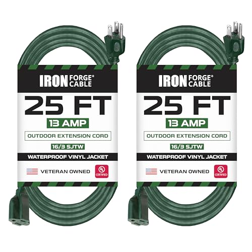 Iron Forge Cable 2 Pack Weatherproof 25 Ft Outdoor Extension Cord - 16/3 SJTW Heavy Duty Green Extension Cord 3 Prong - 13 Amp Exterior Power Cable