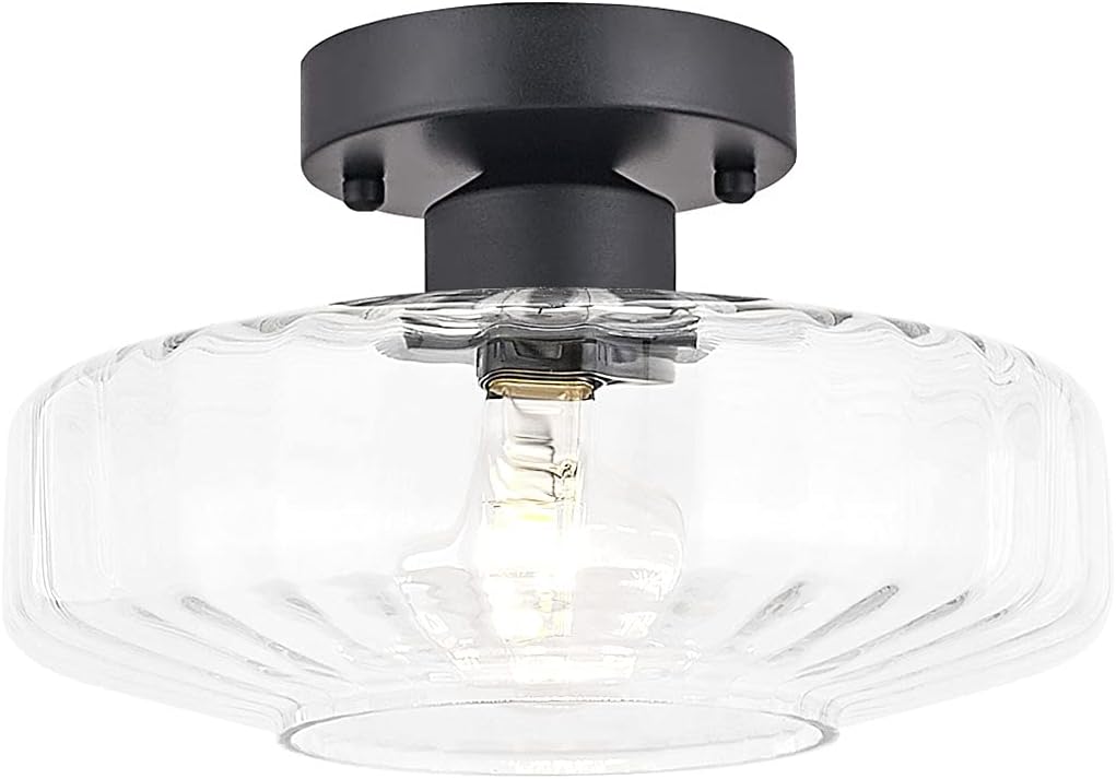 TeHenoo Modern Flush Mount Light Fixture,Textured Glass Shade,Matte Black Light Fixtures Ceiling for Living Room,Dining Room, Bedroom, Cafe, Bar, Corridor, Hallway, Entryway, Passway