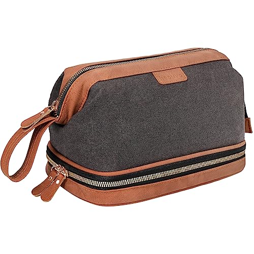heouvo-Travel-Toiletry-Bag-for-Men-Waxed-Canvas-Leather-Dopp-Kit-Double-Layer-Makeup-Bag-Water-Resistant-for-Cosmetics-Toiletries-Shaving-Kit-Bathroom-Traveling-Essentials-Large-Capacity-Gray