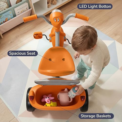 Image of GoodLuck Baybee Flyer Foldable Baby Tricycle for Kids | Kid Cycle with LED Light, Music & Storage Baskets | Baby Tricycle with Adjustable Seat & Handle | Cycle for Kids 2 to 5 Years (Orange)