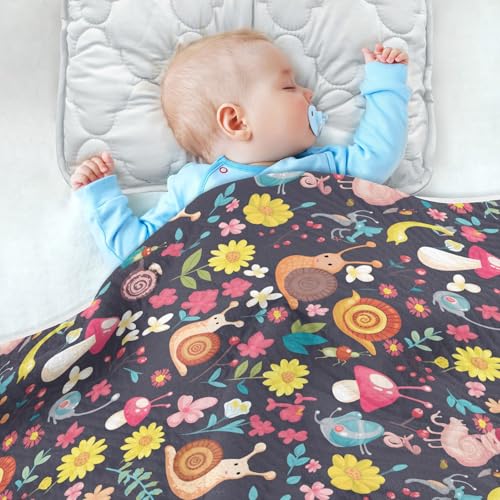 Image of Baby Swaddle Blanket for Baby Girls and Boys Soft Security Bed and Play Blanket for Toddler and Infant 30X40in Cartoon-Style Snails Mushrooms and Flowers