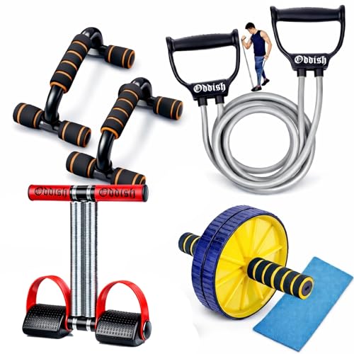 ODDISH Way to Fitness 4-in-1 Home Gym Fitness Combo | Tummy Trimmer with Comfortable Foam Grip Handle, Ab Roller Wheel with Knee Mat, Resistance Tube & Push-Up Bars For Man and women