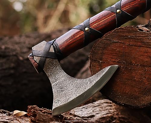 WAZIR Crafts Viking Axe | 17″ Hand-Forged Carbon Steel Tomahawk with Rosewood Handle & Leather