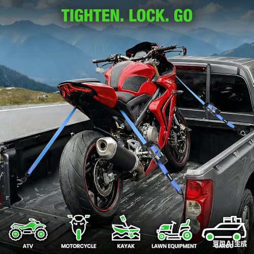 Image of Retractable Ratchet Straps (4-Pack) - 1 Inch x 10 Feet (1,650lb Break Strength) - Heavy Duty Auto Self Retracting Tie Down Straps for Motorcycle, ATV, UTV, Truck, Cargo Trailer - Blue