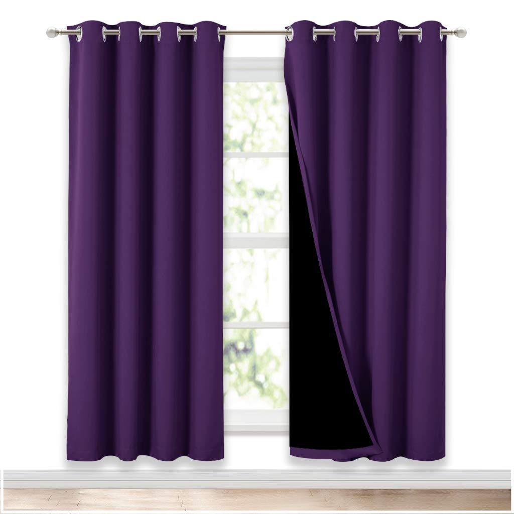 NICETOWN Living Room Completely Shaded Draperies, Privacy Protection &amp; Noise Reducing Ring Top Drapes, Black Lined Insulated Window Treatment Curtain Panels(Royal Purple, 2 Pieces, W52 x L72)