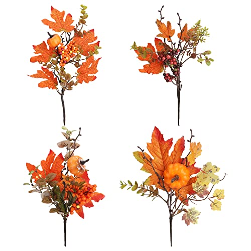 HanOBC 4 púas florales de otoño artificiales de hojas de arce con calabazas y bayas, ramas artificiales de calabaza para cosecha de Acción de Gracias arreglos florales Cover