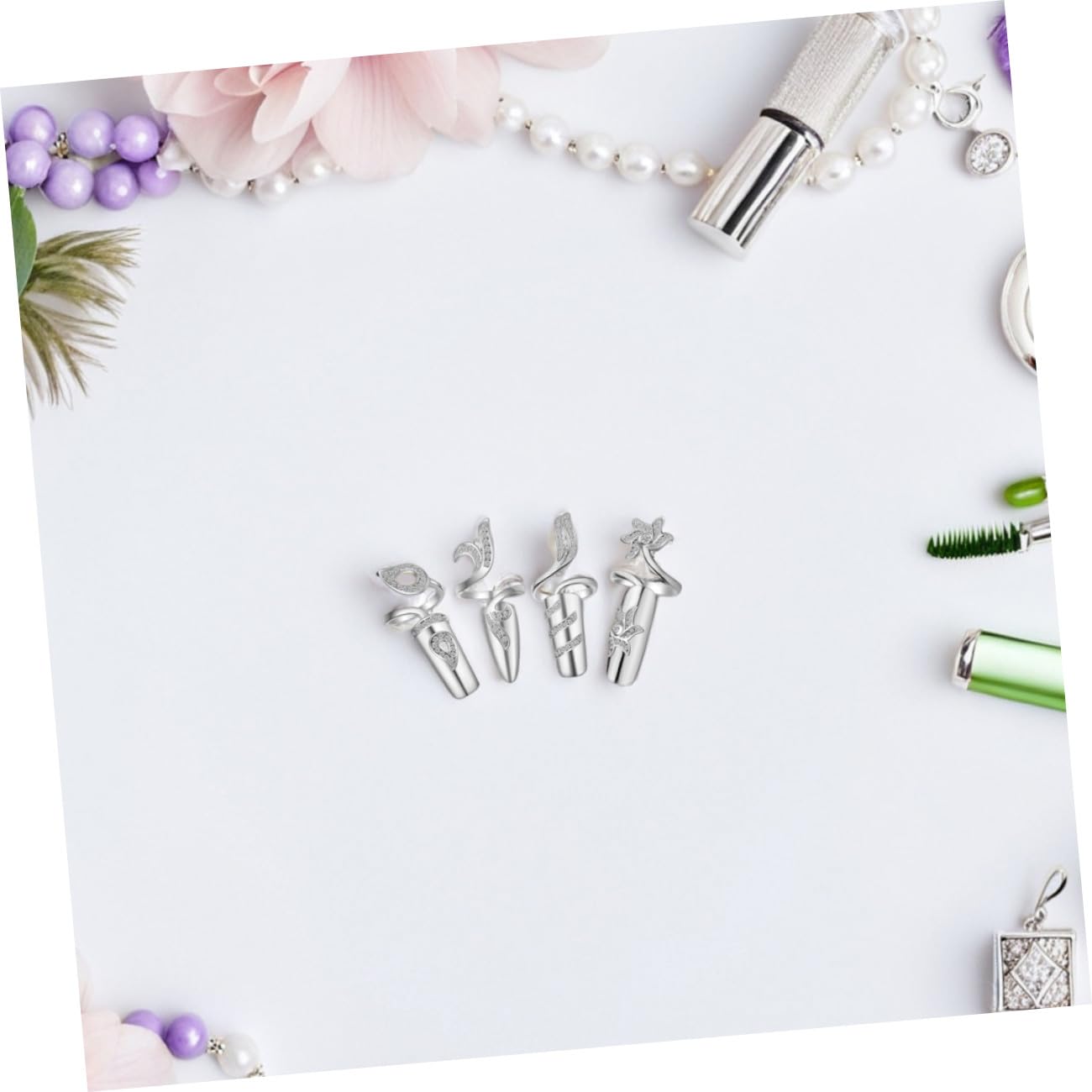 FOMIYES Anello Aperto per Unghie Donna con Pietre Brillanti in Lega 4 Pezzi | Argento, senza Colla, Fissaggio Stabile, per Occasioni Speciali e Feste come Prom e Natale