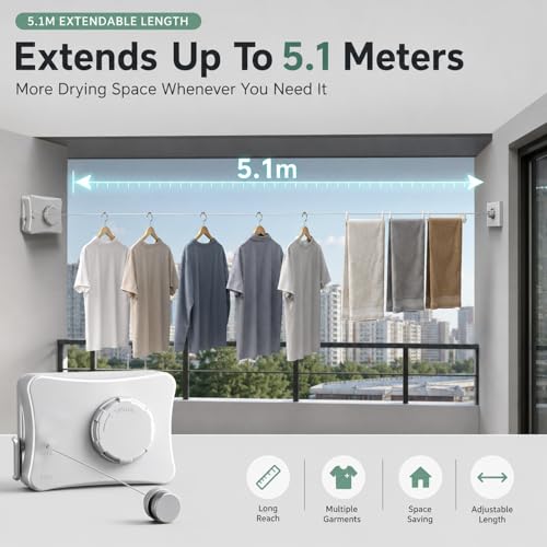 Image of Retractable Clothesline for Balcony Indoor Outdoor | 5.1m Adjustable Single Line Laundry Drying Rope with Tighten & Lock System, Self Adhesive or Screw Mount (Single Line Telescopic White)