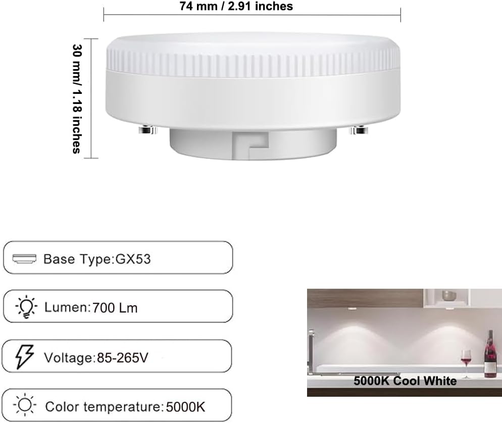 GX53 LED Light Bulbs 7W, 50W Halogen CFL Replacement, 120V 700 Lumen LED Puck Light, for Under Cabinet Kitchen Counter Exhibition Shop Showroom Ceiling Lighting, 5000K Daylight, Pack of 4