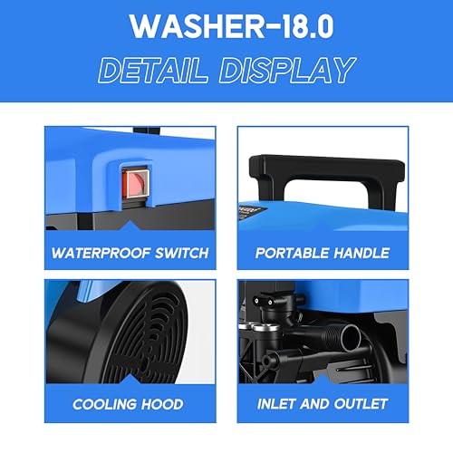 Image of Cockatoo RinseSmart18W High Pressure Washer, Corded Electric 1800W 2.5HP, 120 Bar, 5L /Min Flow, Aluminium Binding Induction Motor, 7m Hose, Foam Spray Gun - Car, Bike, Patio, Garden, Outdoor (Black)
