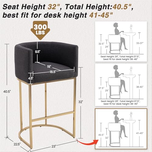 Image of HNY Modern Barrel Counter Height Clearance Bar Stool, 32 Inch Linen Kitchen Barstool with Back for Island, with Gold Metal Tubular Frame, Charcoal