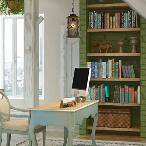 Inlight Outdoor Pendant Light For Porch, 1-Light Farmhouse Rustic Exterior Hanging Lantern, Matte Black And Barnwood Finish, Meshed Metal And Clear Seeded Glass Shade, Bulb Not Included, In-0625-1-Bk #TOP5