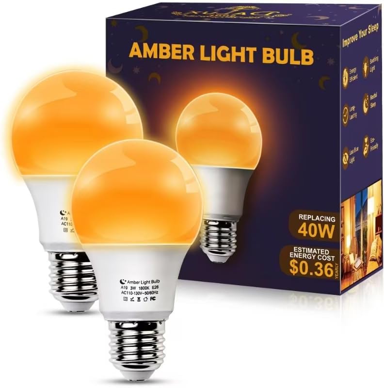 Amber Sleep Light Bulbs, Blue Light Blocking, A19 3W(40 Watt Equivalent) Dim Light Bulbs for Lamp, 1800K Warm Light Bulb, E26 for Healthy Sleep, Bedroom, Kids Room, 2 Pack