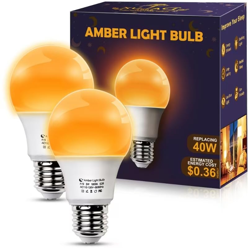 Amber Sleep Light Bulbs, Blue Light Blocking, A19 3W(40 Watt Equivalent) Dim Light Bulbs for Lamp, 1800K Warm Light Bulb, E26 for Healthy Sleep, Bedroom, Kids Room, 2 Pack