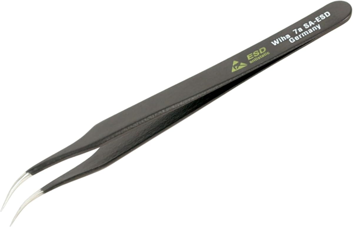 Wiha 44510 Stainless Steel Curved, Extra Fine Professional ESD Precision Tech Tweezer with Static Dissipative Grip and Hypo Allergenic, 110V | Professional Tech Tweezer, Static Dissipative Grip, Hypo Allergenic, 110V