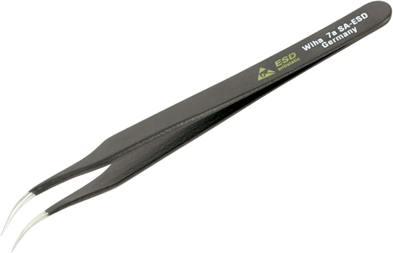 Wiha 44510 Stainless Steel Curved, Extra Fine Professional ESD Precision Tech Tweezer with Static Dissipative Grip and Hypo Allergenic, 110V | Professional Tech Tweezer, Static Dissipative Grip, Hypo Allergenic, 110V