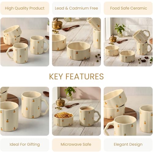 Image of The Earth Store Cream Pear 250ML Ceramic Bowl Set of 2 & 300ML Coffee Mug Set of 2 | Microwave & Dishwasher Safe Mug and Bowl Combo Set for Serving Tea Snack | Perfect for Gifting & Daily Use