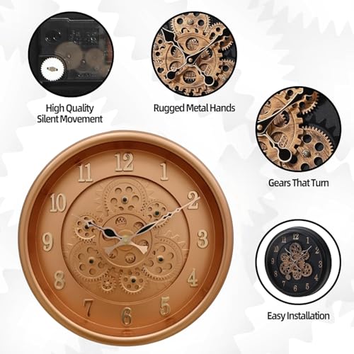 Image of De'rons Rotating Moving Gears Wall Clock Industrial Steampunk Real Moving Gear Designer Wall Clock for Living Room Home Decor Office Wooden Look Plastic Round 32cm DC-1387 (P.Copper)