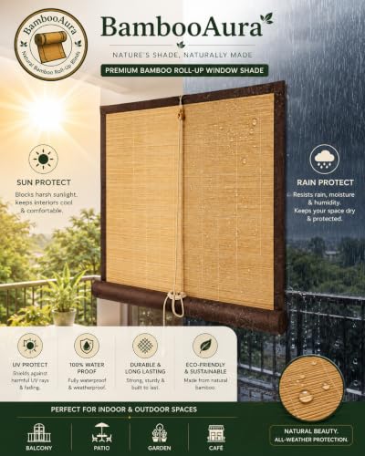 Image of BambooAura Natural Bamboo Roll-Up Window Shade Blind | Light Filtering Bamboo Chick Curtain | Eco-Friendly Sun Protection (4ft x 7ft - W x H) (Natural Beige with Dark Green Border, (4ft x5ft -W x H))