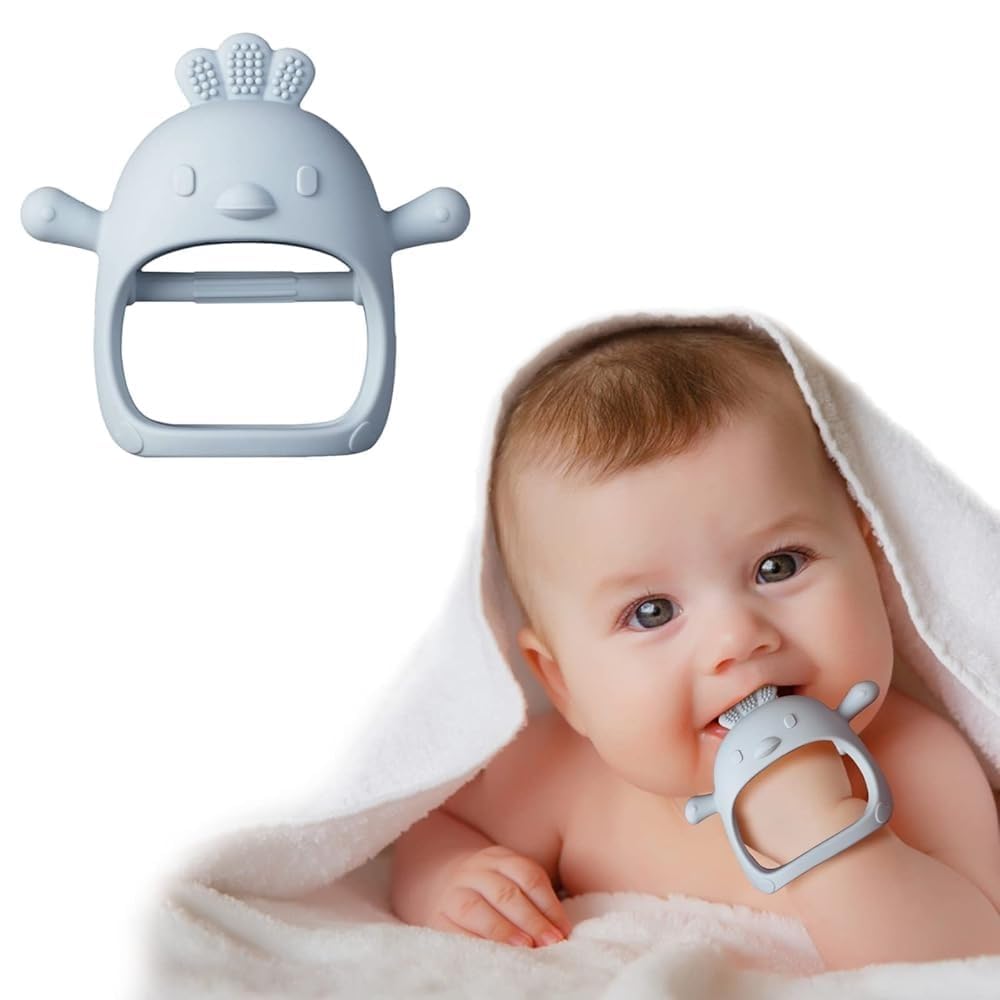 Baby Toy – 2 in 1 Teether for Infants | Silicone & Neem Wood Teether | BPA Free, Soft, Safe & Non-Toxic Chewing Toy for Babies | Natural Soothing Relief (Light Blue Teether)-image-1