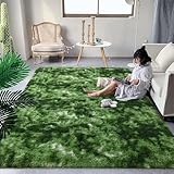 DweIke Fluffy Dark Green Rugs for Bedroom Living Room, 3x5 Feet Soft Plush Shaggy Tie-Dyed Forest Moss Green Girls Boys Kids Rug, Non-Slip and Machine Washable Carpet for Dorm Nursery Decor