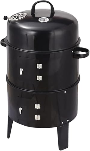 Parrilla ahumadora de carbón 3 en 1, parrilla vertical de carbón para exteriores, con termómetro integrado, ventilación de aire, 2 puertas de acceso