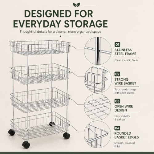 Image of TUNIS 4 Tier Stainless Steel Wire Storage Basket Trolley |Fruit & Vegetable Trolley with 360 Moving Wheels| Rack for Kitchen, Fruits, Vegetables & Grocery Storage, Movable Organizer Cart