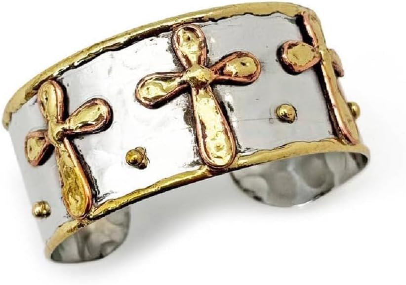 Handcrafted Three Crosses Cuff, Mixed Metal